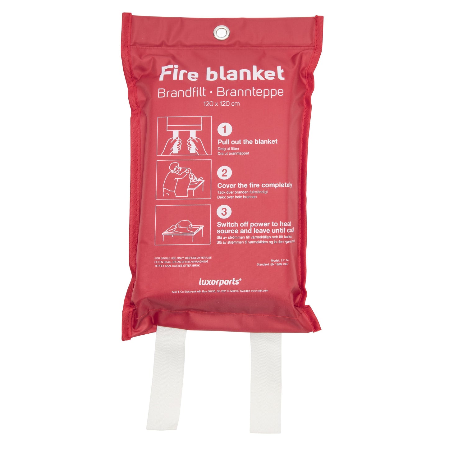 Brandtæppe 120x120 cm rød, mærket "Fire blanket" med EN1869 instruktioner, to hvide stropper under posen.