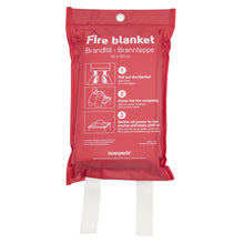 Brandtæppe 120x120 cm rød, mærket "Fire blanket" med EN1869 instruktioner, to hvide stropper under posen.