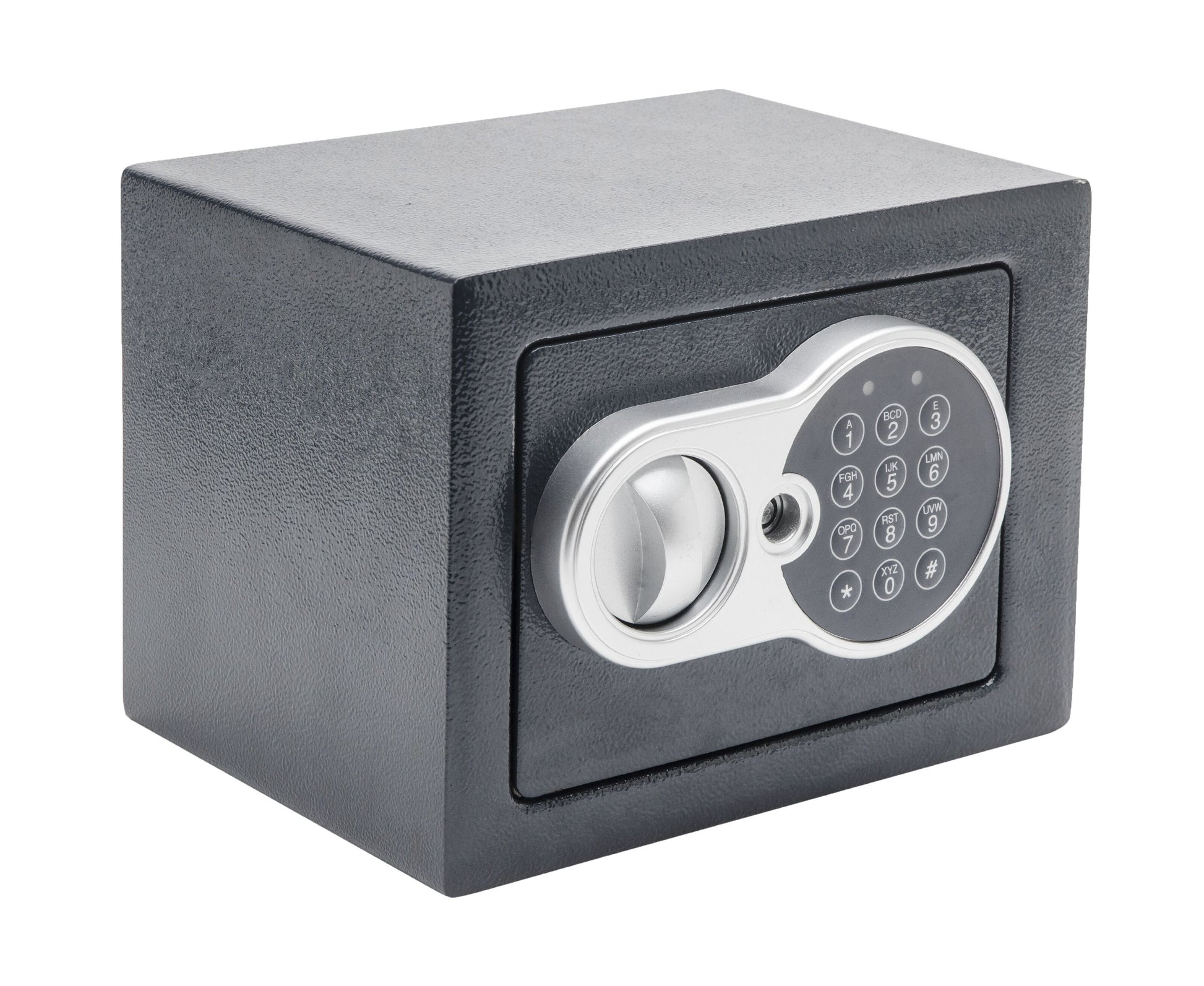 Rubicson sikkerhedsskab 2,8 kg lille sort metalskab med sølv elektronisk kodelås og drejeknap set fra front/side.