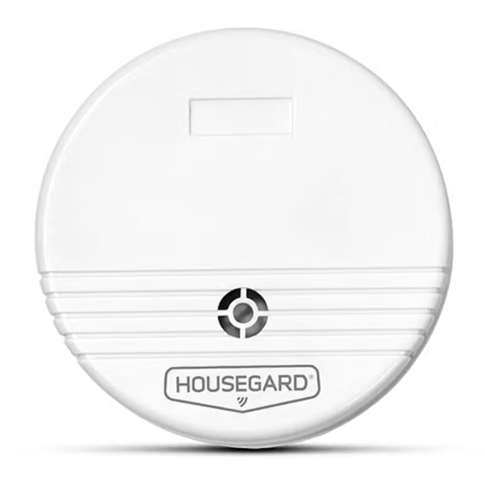 Housegard Vandalarm, rund og hvid med rektangulær topknap, Housegard-logo nederst, lille cirkelventil og vandrette riller.