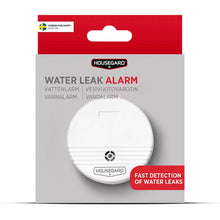 Housegard Vandalarm i emballage med svensk brandsikkerhedslogo, rød label "Fast Detection of Water Leaks", integreret vandsensor.