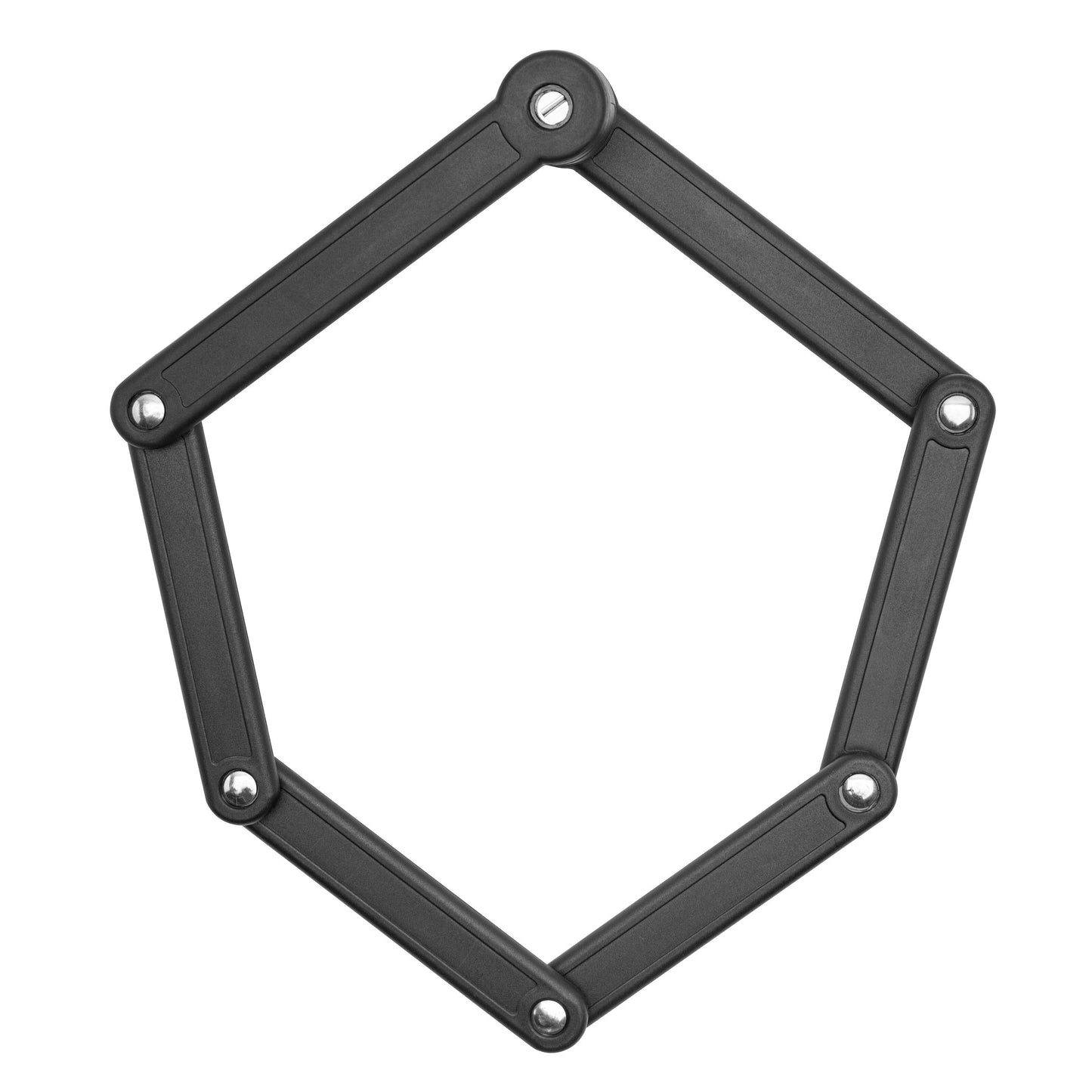 Sort folde-cykellås med nøgle, fem led med synlige runde hængsler, pentagonformet design.