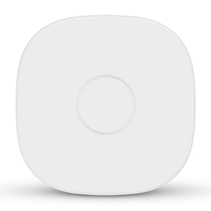 Housegard Luma smart hub hvid, kvadratisk med afrundede hjørner og cirkulær fordybning i midten til røgalarmer.
