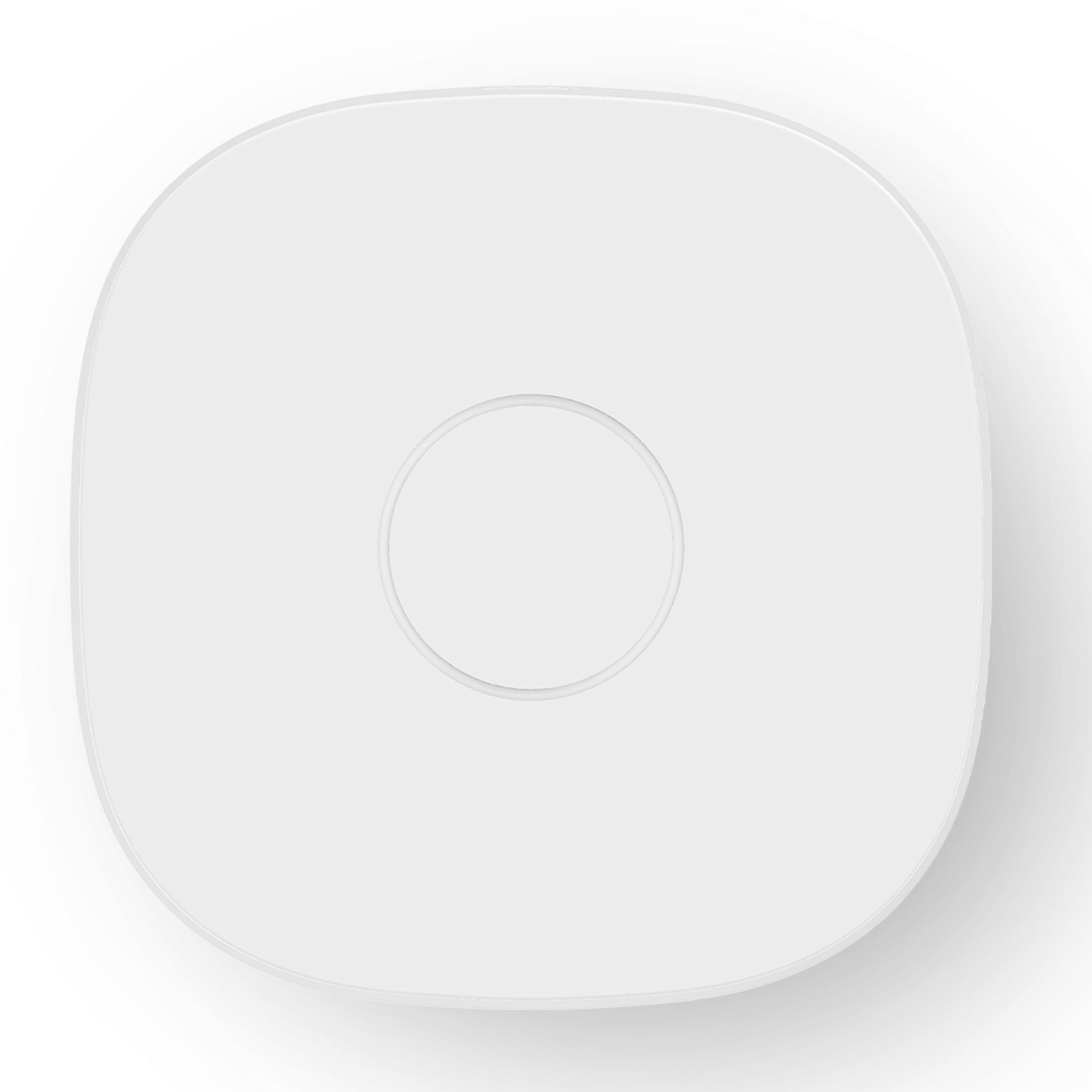Housegard Luma smart hub, hvid, kvadratisk med afrundede hjørner og cirkulær fordybning i midten til røgalarmer.