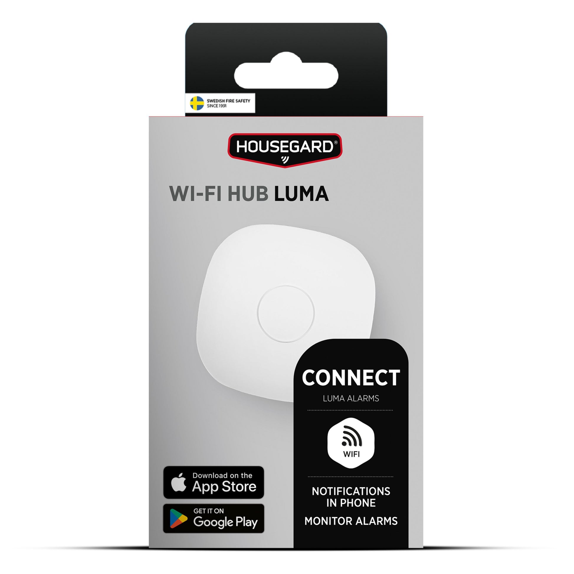 Housegard Luma smart hub boks med WiFi, alarmnotifikationer for røgalarmer og appkompatibilitet.