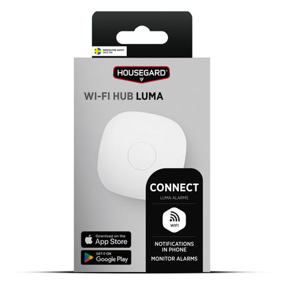 Housegard Luma smart hub boks med WiFi, alarmnotifikationer for røgalarmer og appkompatibilitet.