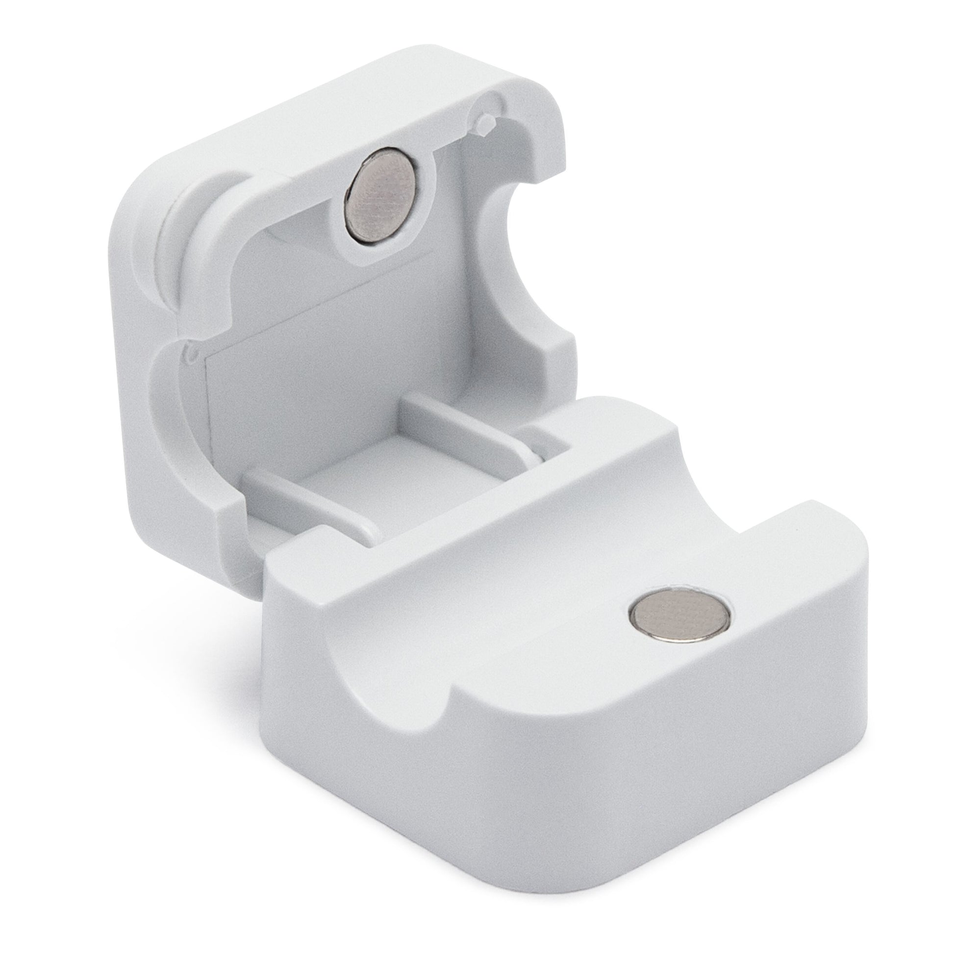 Magnetisk kabelklemme 3-pak, hvid, afrundede kanter, to magneter, fastholdelsesspor, selvklæbende montering.