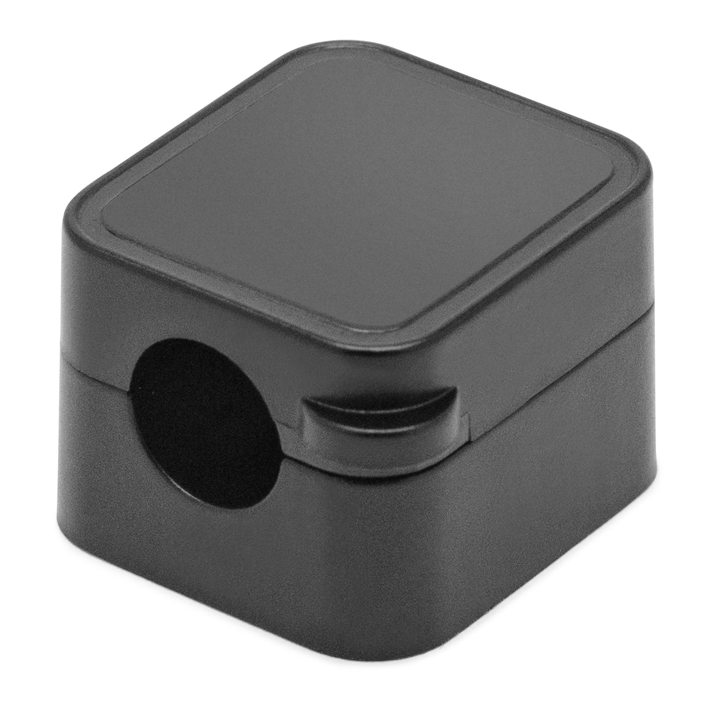 Sorte, kvadratiske blyantspidser med buet hul og lågfanebånd, ses sammen med sorte magnetiske kabelclips 3-pak.
