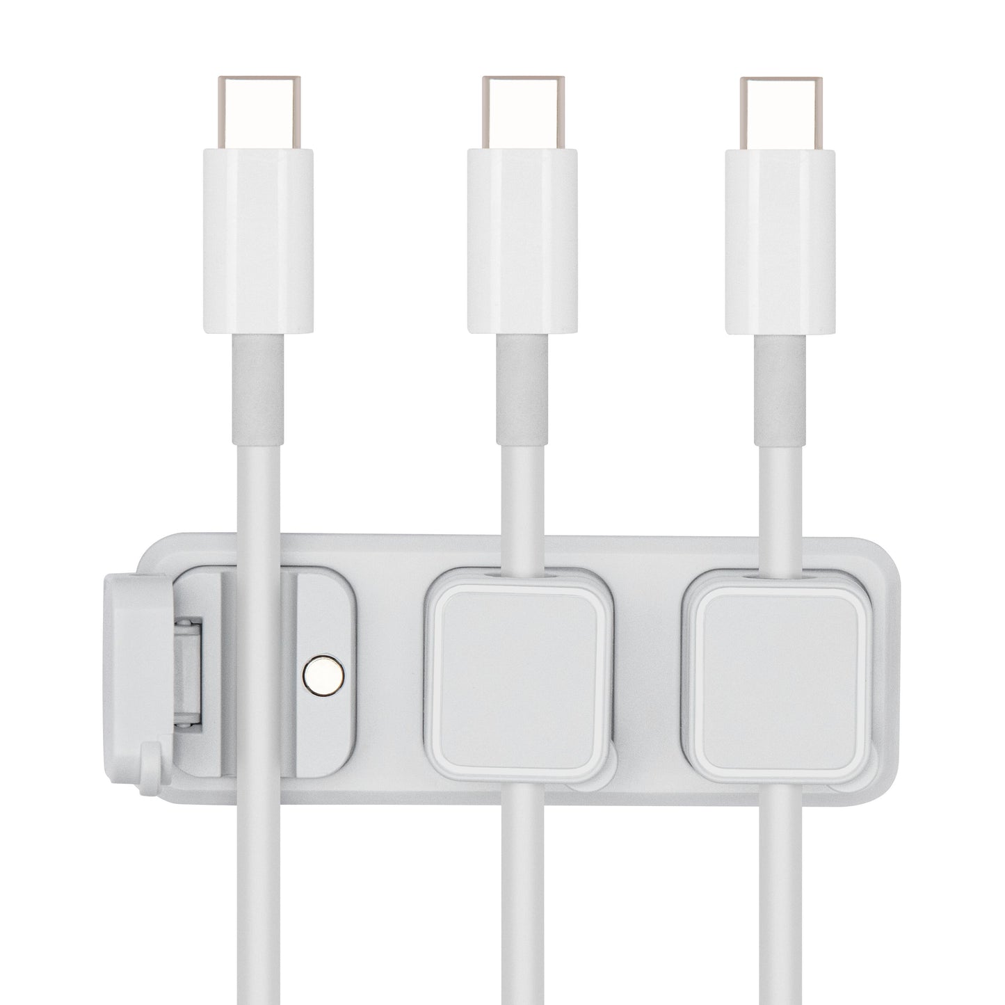Tre hvide USB-C kabler på magnetisk kabelklemme med baseplade, hvid, 6-pak.