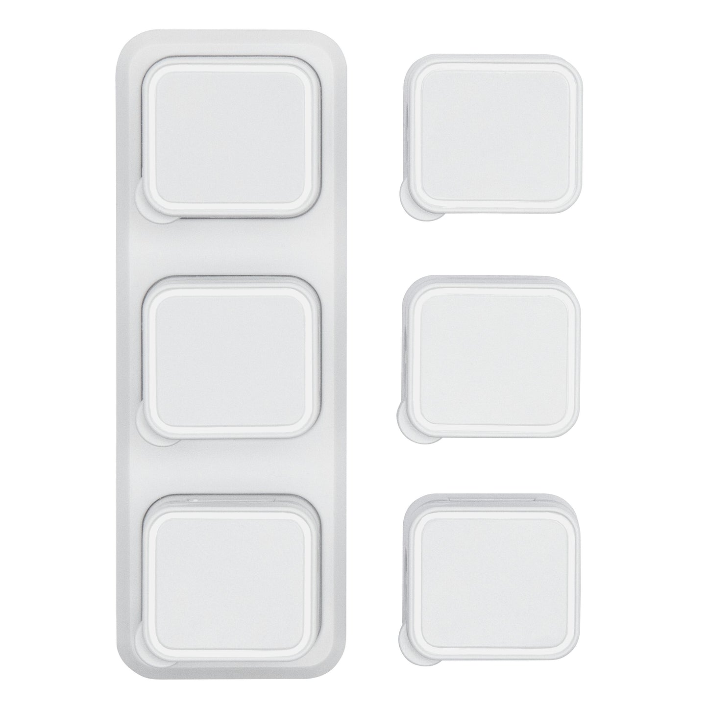 6 stk hvide magnetiske kabelclips med baseplader, tre samlet til venstre, til placeret enkeltvis til højre.