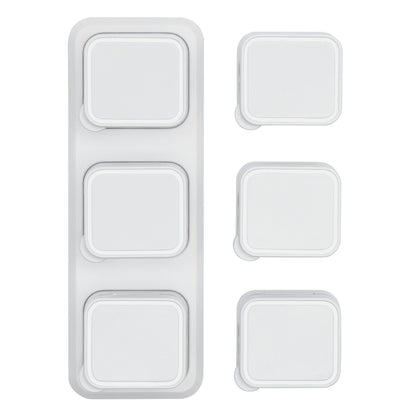 6 stk hvide magnetiske kabelclips med baseplader, tre samlet til venstre, til placeret enkeltvis til højre.