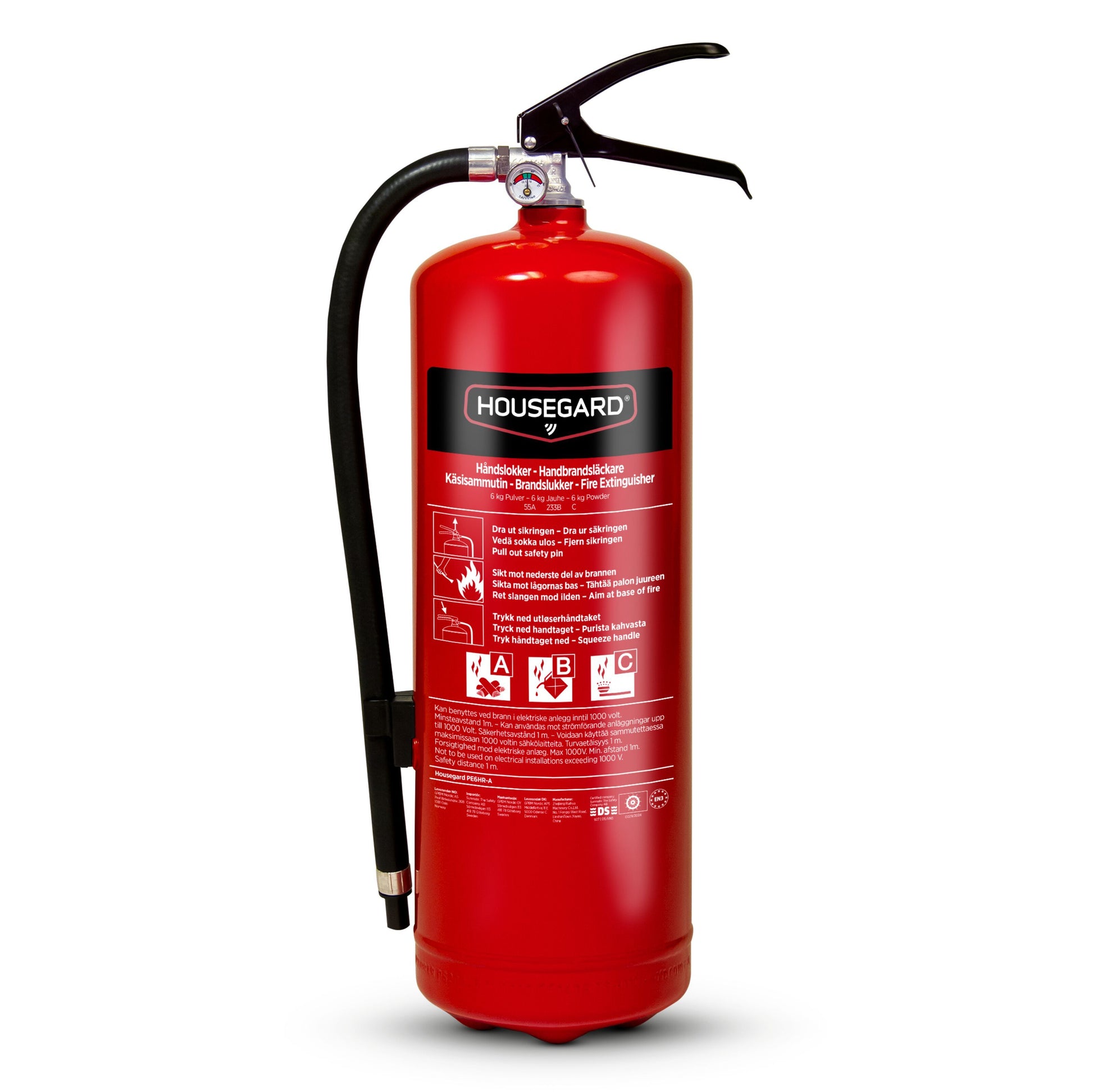 Housegard brandslukker ABC pulver 6 kg rød, sort slange og håndtag, hvide instruktioner og ikoner på fronten.