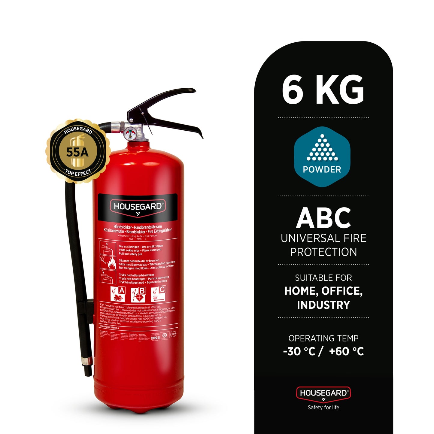 Housegard brandslukker pulver 6 kg rød, ABC universel beskyttelse, brug i hjem, kontor eller industri, -30°C til +60°C.