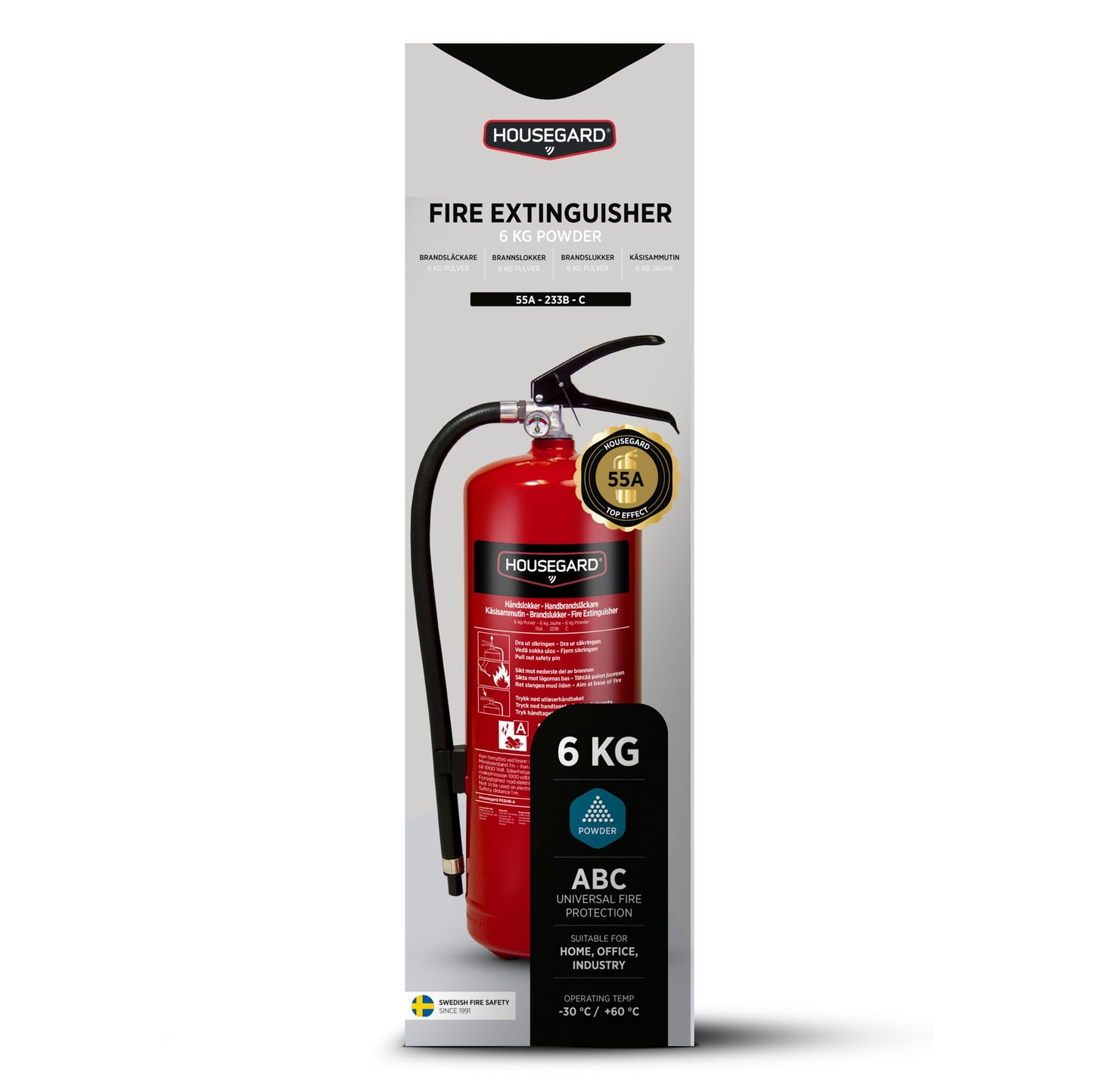 Housegard brandslukker pulver 6 kg rød med sort slange, ABC brandklasser og certificeringsikoner på emballagen.
