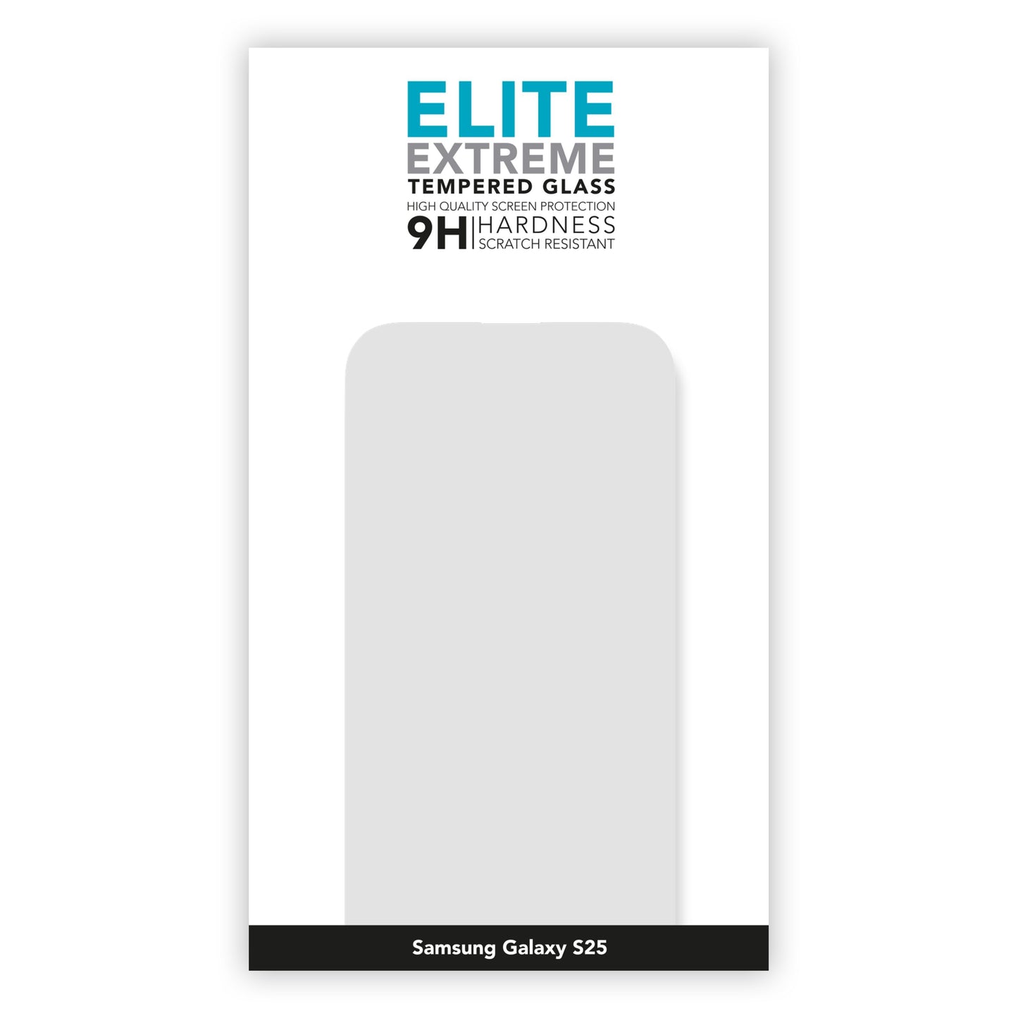 Elite Extreme skærmbeskyttelse til Samsung S25 emballage med modelnavn, 9H ridseresistens og skærmskitse.