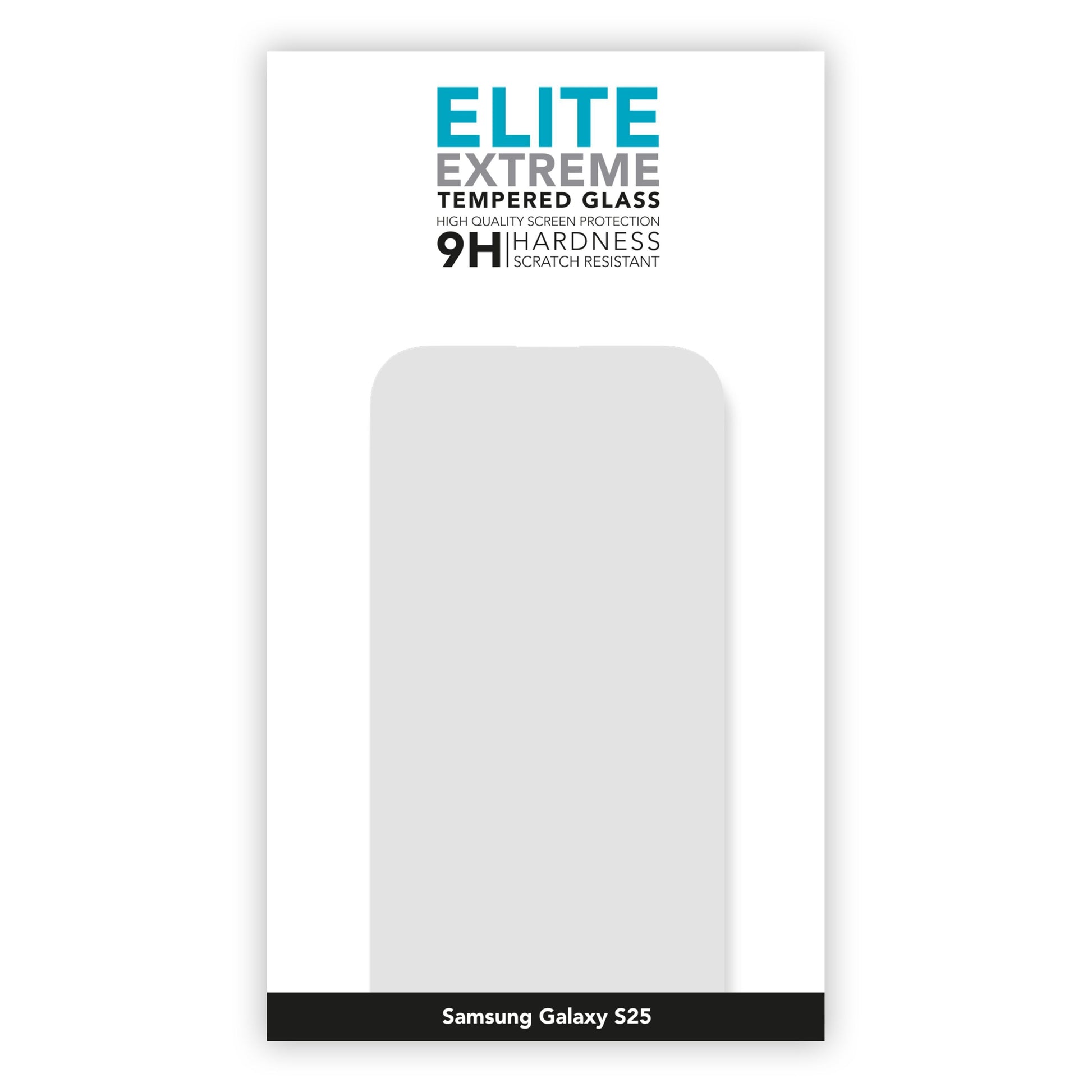 Elite Extreme skærmbeskyttelse til Samsung S25 emballage med modelnavn, 9H ridseresistens og skærmskitse.