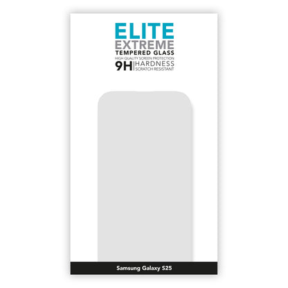 Elite Extreme skærmbeskyttelse til Samsung S25 emballage med modelnavn, 9H ridseresistens og skærmskitse.