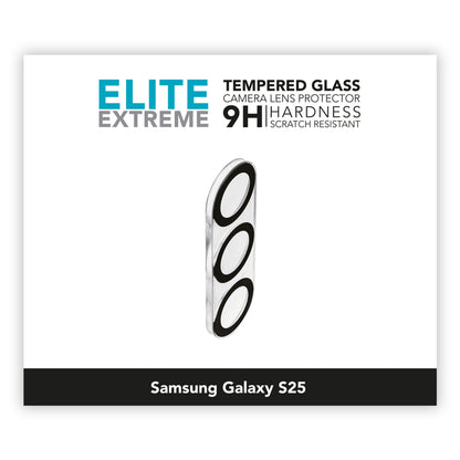 Kamerabeskyttelse til Galaxy S25 i hærdet glas 9H med tre huller, ridsefast overflade.