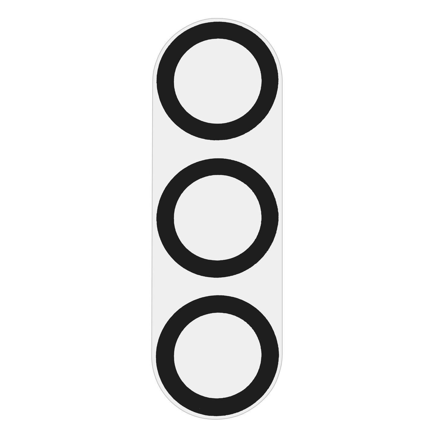 Vertikal trafiklignende illustration med tre store sorte cirkler, inspireret af Elite Extreme Beskyttelse til Galaxy S25 kamera.