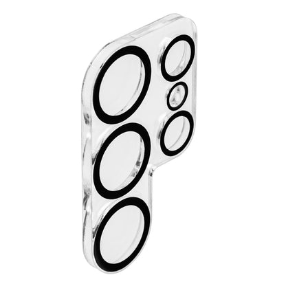 Transparent hærdet glas kamerabeskyttelse til Galaxy S25 Ultra med sorte kanter og runde udskæringer.