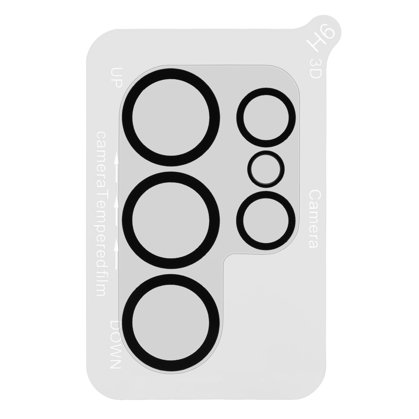 Kamerabeskyttelse til Galaxy S25 Ultra, transparent hærdet glas med 6 udskæringer, justeringsmærker og teksten "camera tempered film.