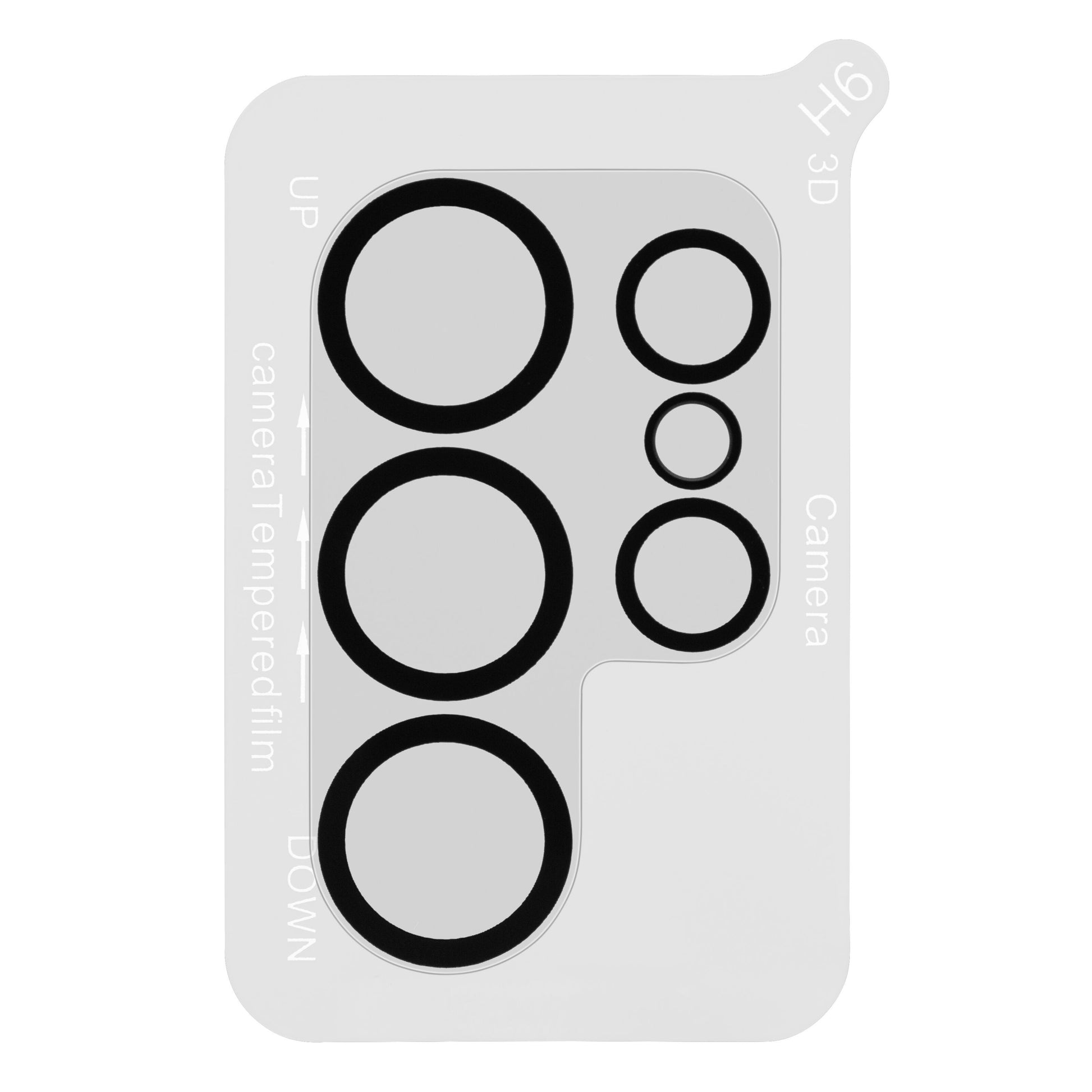Kamerabeskyttelse til Galaxy S25 Ultra, transparent hærdet glas med 6 udskæringer, justeringsmærker og teksten "camera tempered film.