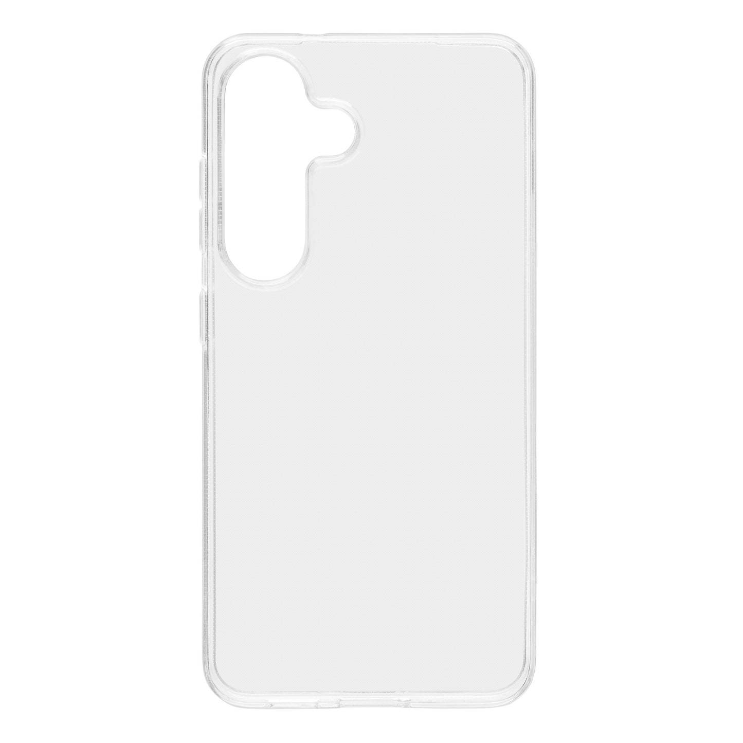 Second Skin mobilcover til Samsung Galaxy S25, gennemsigtig med udskæringer til kamera, knapper og porte.