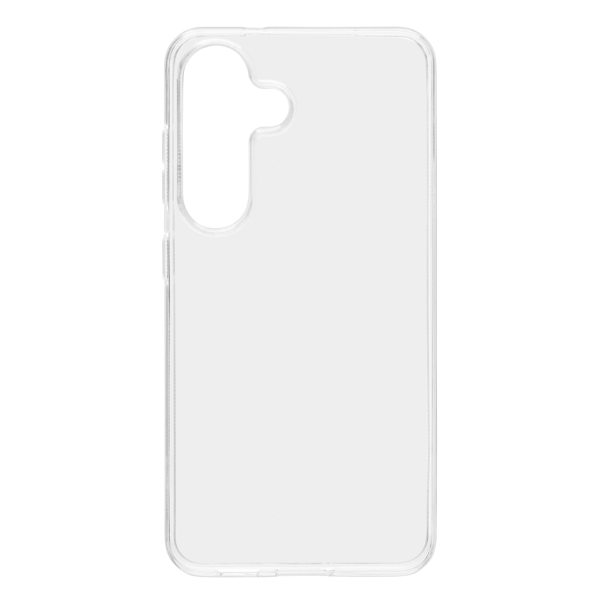 Second Skin mobilcover til Samsung Galaxy S25, gennemsigtig med udskæringer til kamera, knapper og porte.