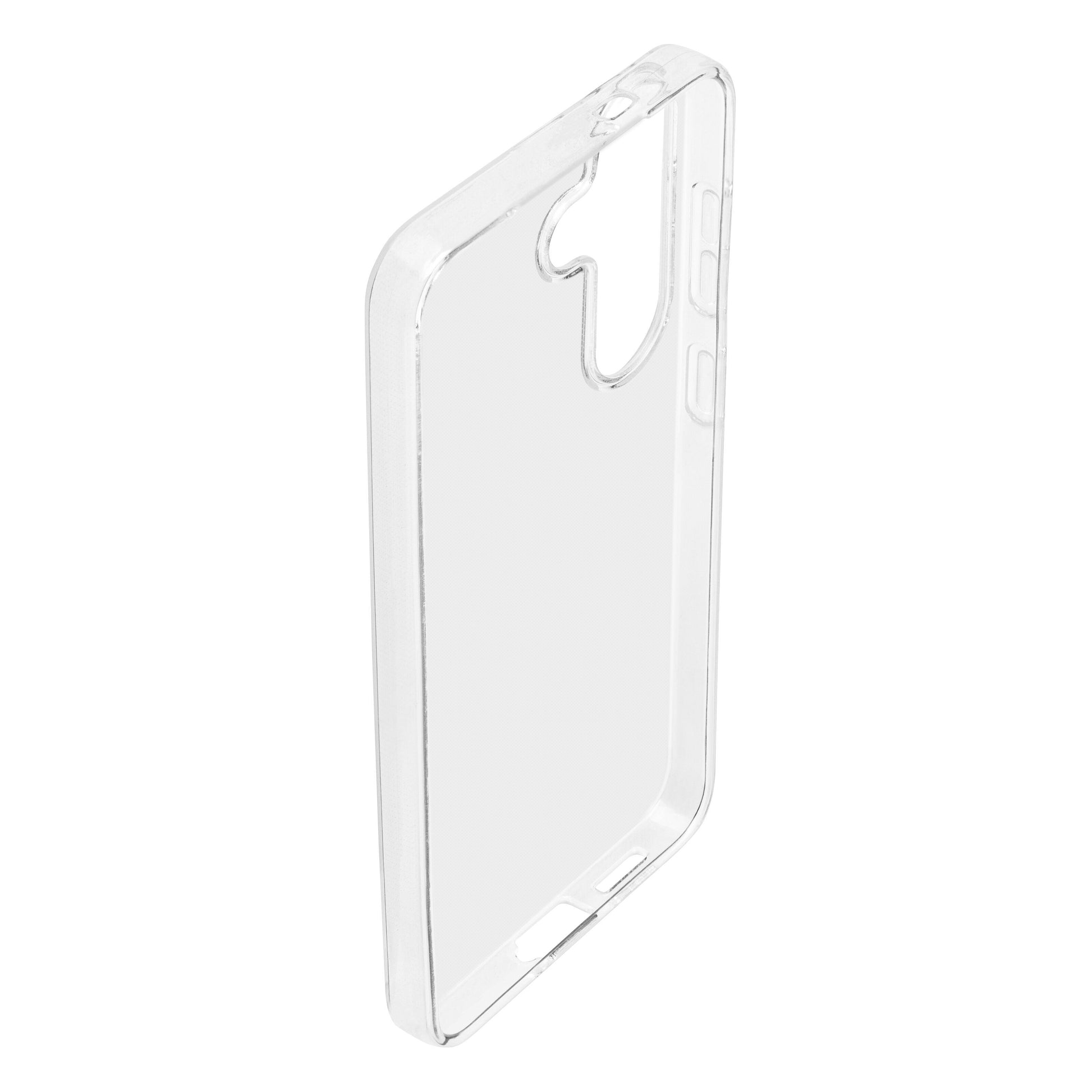 Transparent fleksibelt cover til Samsung Galaxy S25 med præcise udskæringer til kamera, knapper og porte.