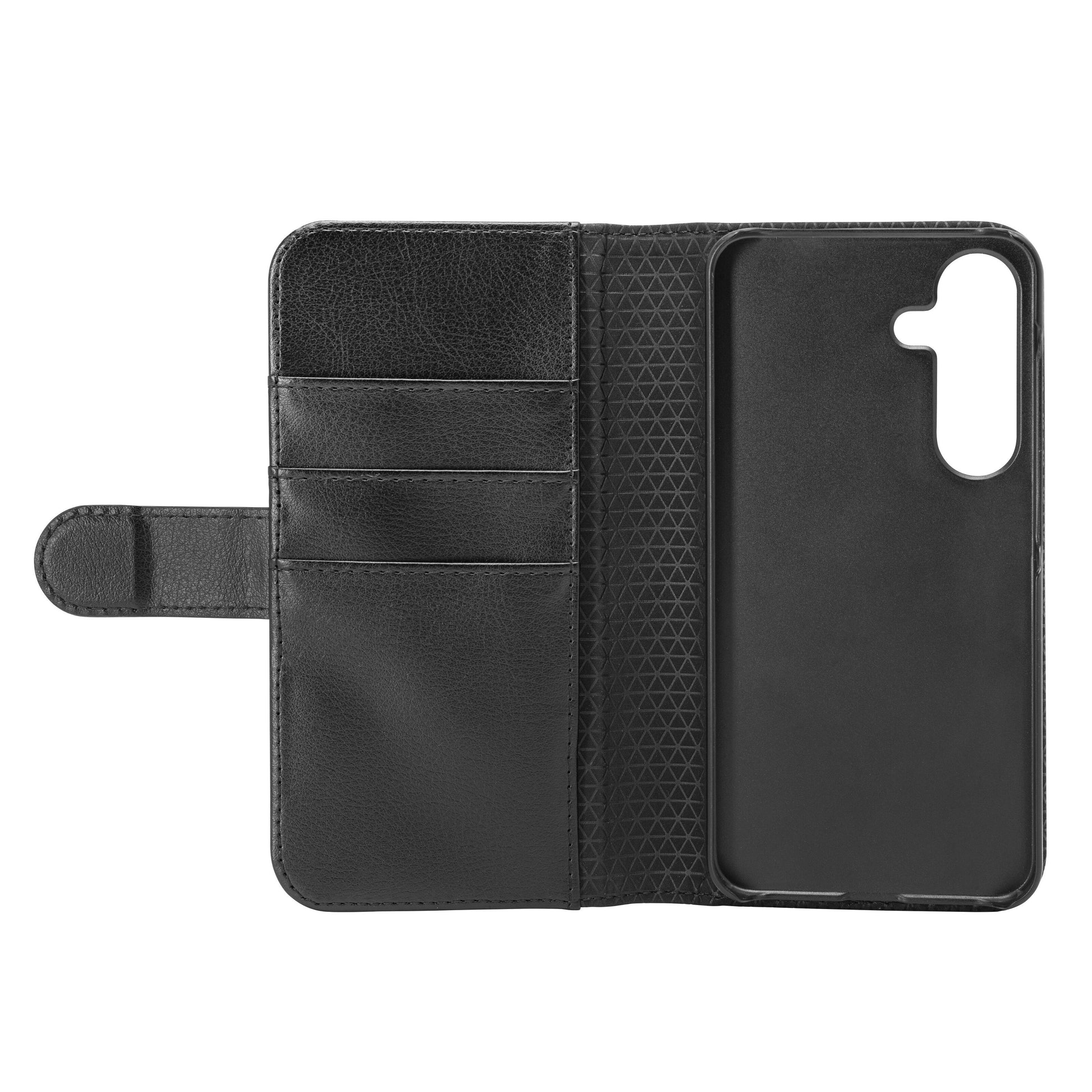 Sort læder cover til Galaxy S25 med 3 kortlommer, 2-i-1 telefonholder, kamerahul og rem med tryklås.