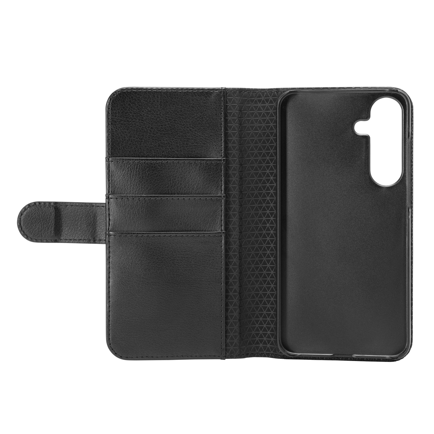 Linocell mobilpung 2-i-1 til Galaxy S25 Plus i sort læder med tre kortlommer, telefonholder og magnetisk flap.