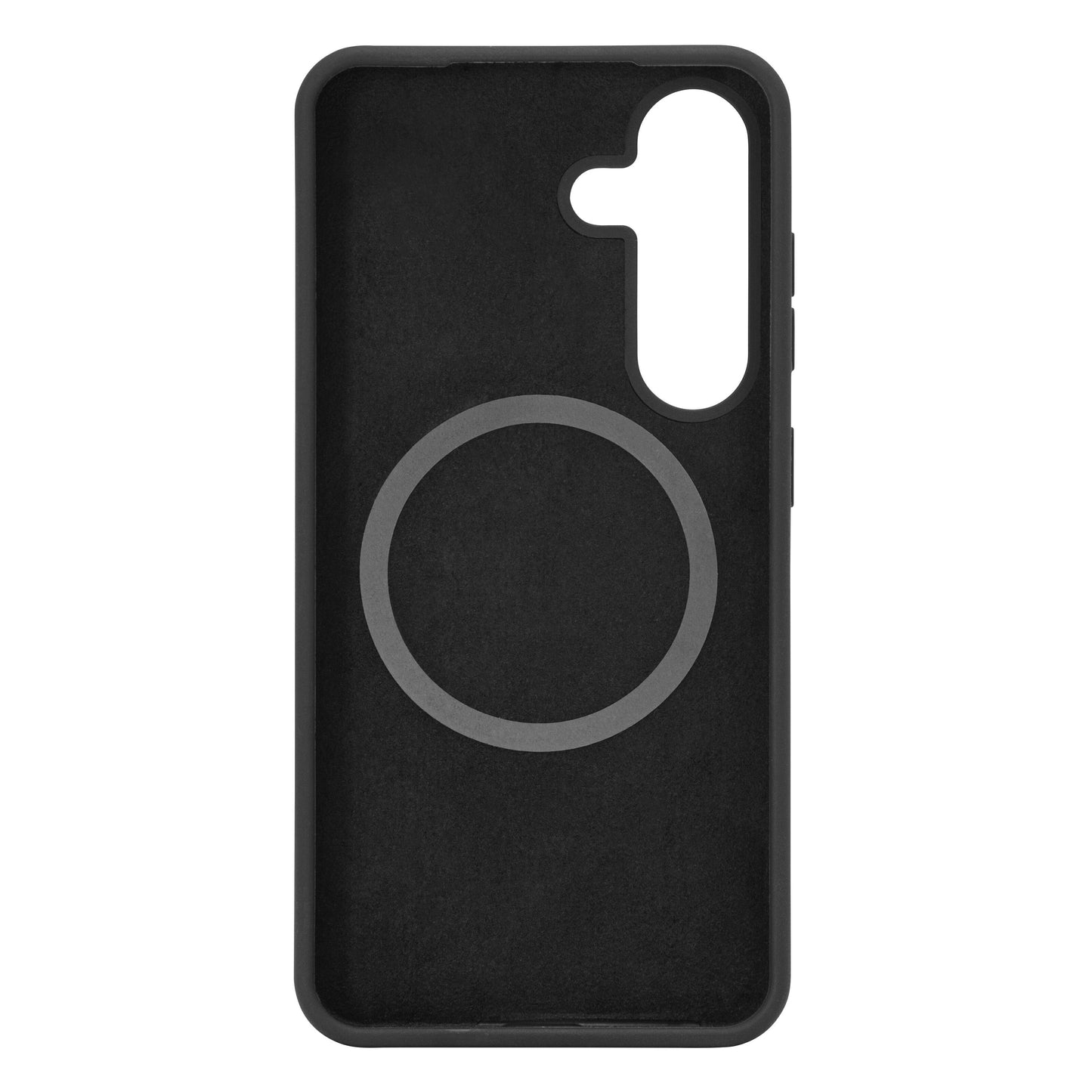 Sort silikonecover til Samsung Galaxy S25 med MagSafe-ring og præcise udskæringer til kamera og knapper.