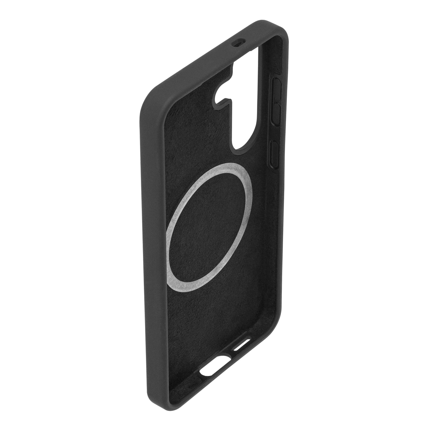Sort silikonecover til Galaxy S25 med magnetisk opladningsring og præcise knapudskæringer, inderside synlig.