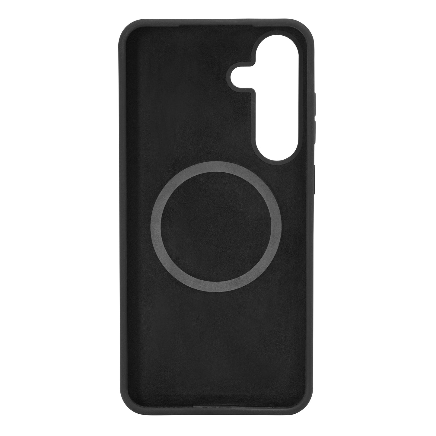 Galaxy S25 Plus silikonecover sort med cirkulær MagSafe-ring, præcise udskæringer til kamera/knapper, antibakteriel overflade.