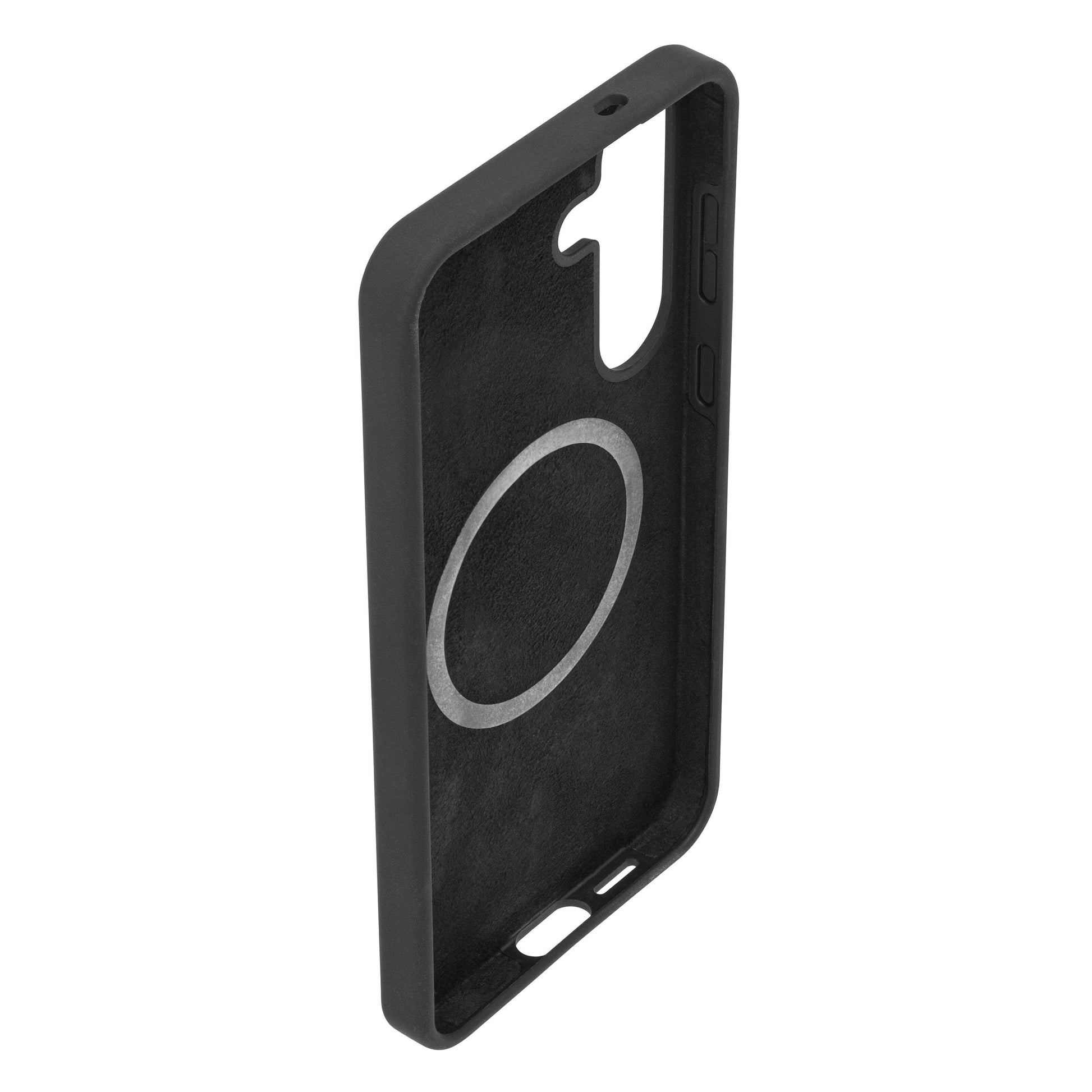 Samsung Galaxy S25 Plus silikonecover sort, blød inderside, MagSafe ring, præcise udskæringer, antibakteriel overflade.