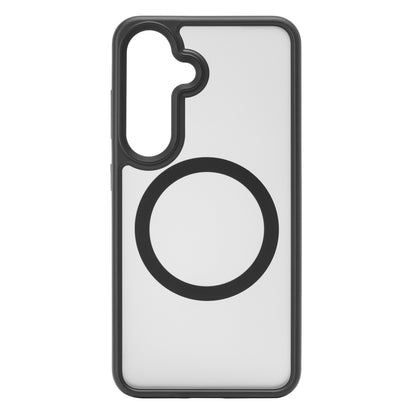 Linocell Hard Case mobilcover til Samsung Galaxy S25, transparent med sort kant, stor sort cirkel og buet kameraudskæring.