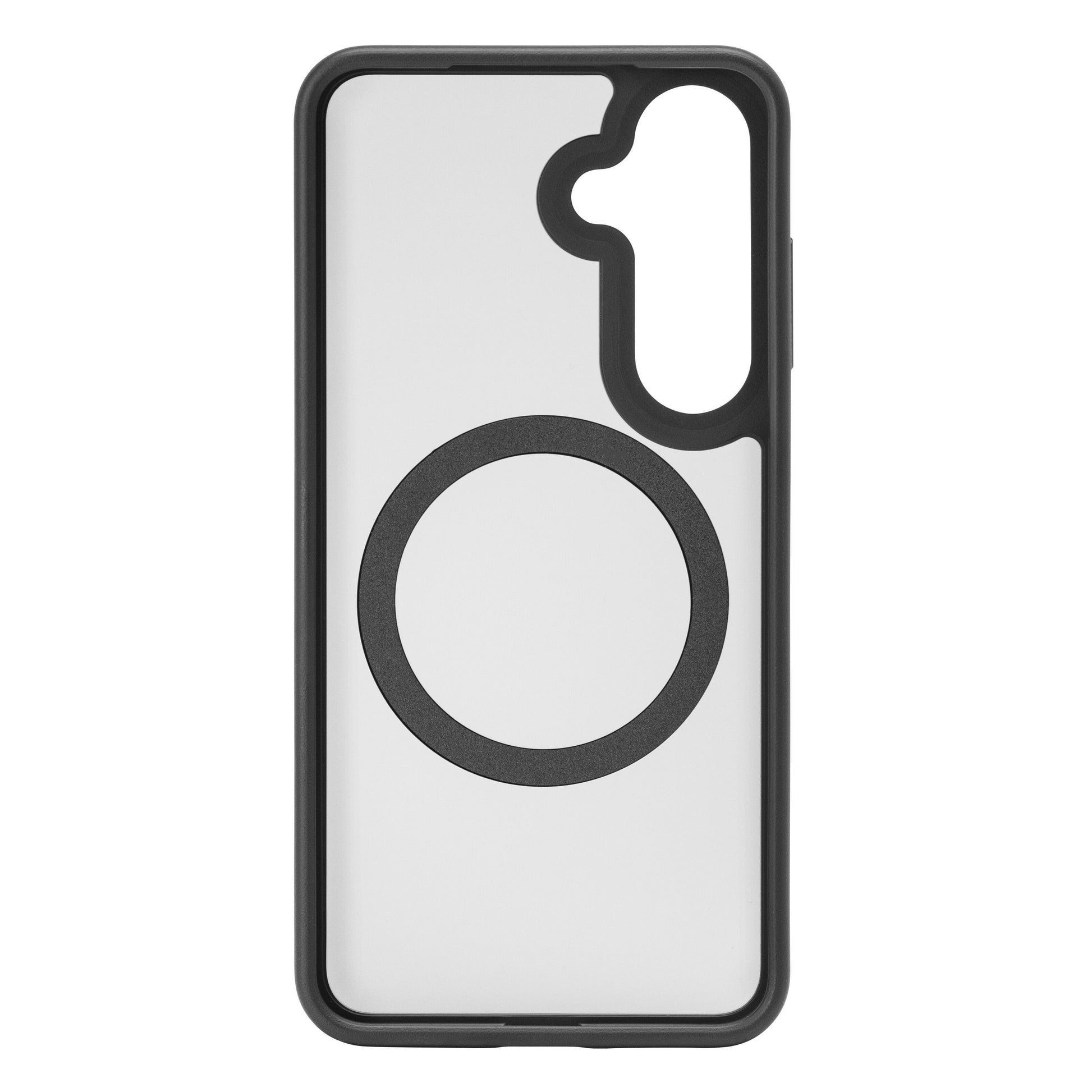 Hard Case mobilcover til Samsung Galaxy S25 med sorte kanter, stor sort cirkel midt og uregelmæssigt kamerahak øverst til højre.