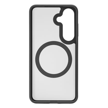 Hard Case mobilcover til Samsung Galaxy S25 med sorte kanter, stor sort cirkel midt og uregelmæssigt kamerahak øverst til højre.