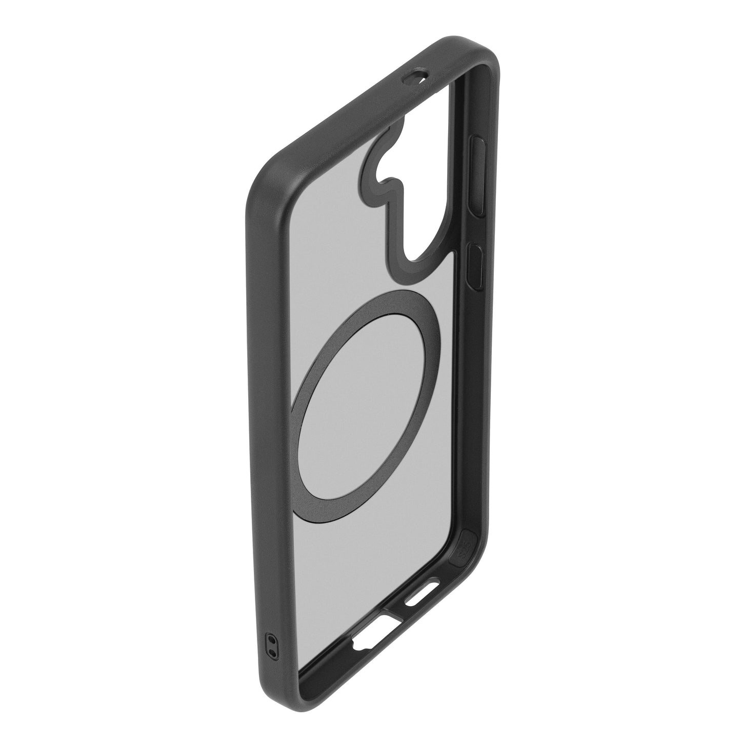 Transparent hardcase til Samsung Galaxy S25 med sort kant, stort cirkelformet mønster, præcist udsnit til kamera og port.