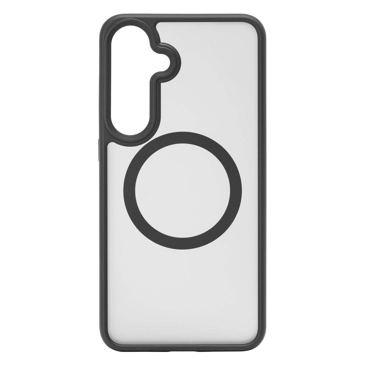Hard Case til Samsung Galaxy S25 Plus, transparent med sort kant og stor sort cirkel, udskæringer til kamera og knapper.