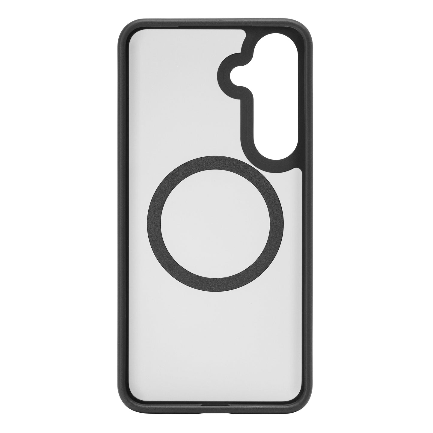 Hard Case mobilcover til Samsung Galaxy S25 Plus, gennemsigtig med sorte kanter, stor sort cirkel, asymmetrisk kameralukning.