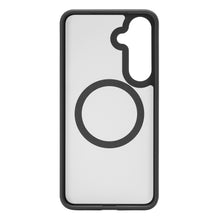 Hard Case mobilcover til Samsung Galaxy S25 Plus, gennemsigtig med sorte kanter, stor sort cirkel, asymmetrisk kameralukning.