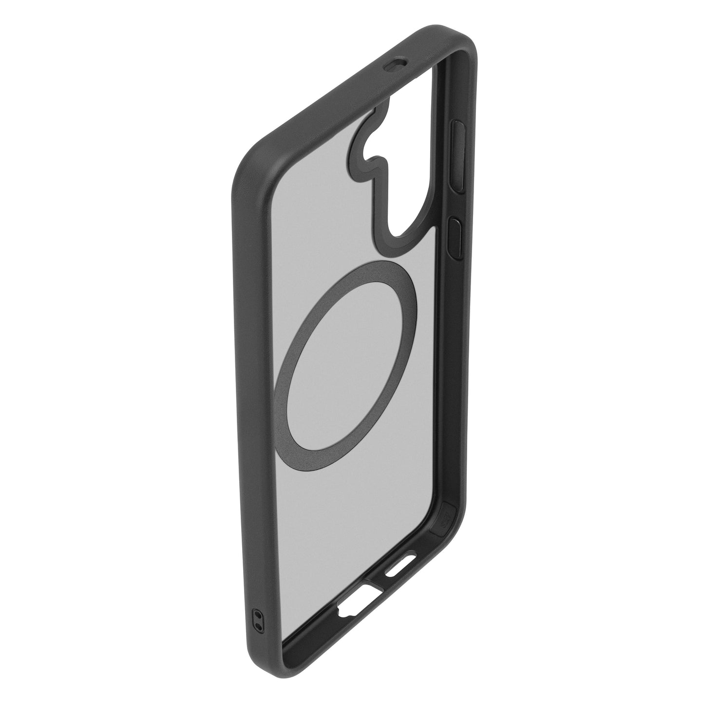 Hard Case mobilcover til Samsung Galaxy S25 Plus transparent med sort kant, MagSafe-ring og præcise udskæringer.