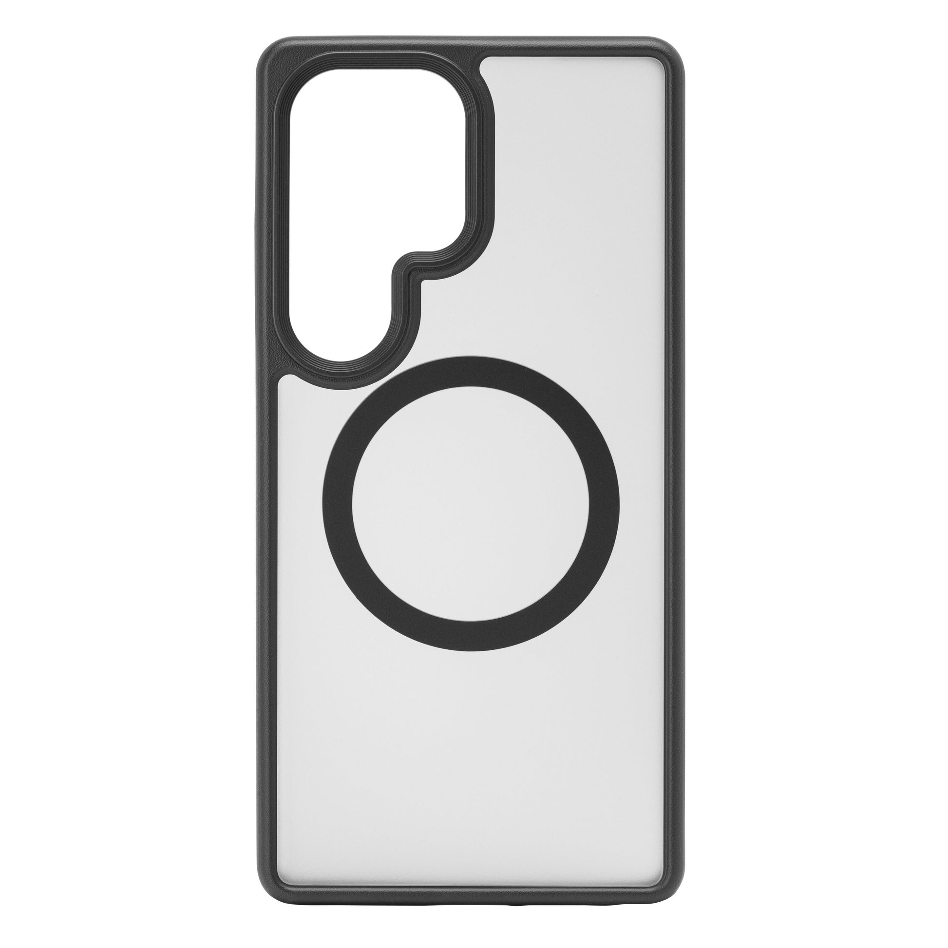Hard Case mobilcover til Samsung Galaxy S25 Ultra, gennemsigtigt med sort kant og stor sort cirkel, kamerahul øverst til venstre.