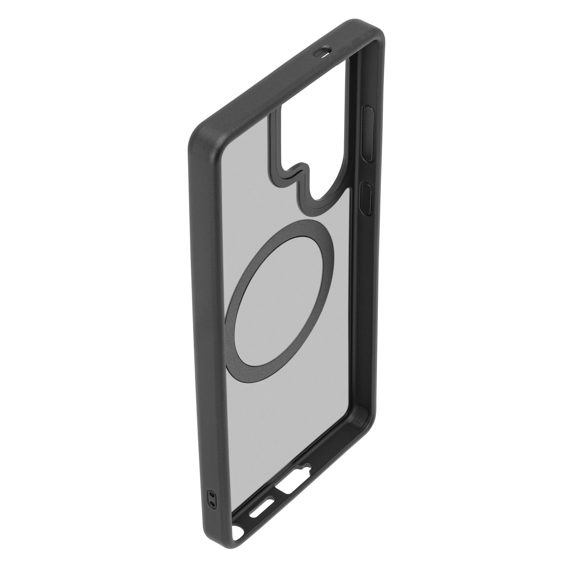 Hard Case mobilcover til Samsung Galaxy S25 Ultra, sort og transparent med magnetring og udskæringer til kamera, porte, knapper.