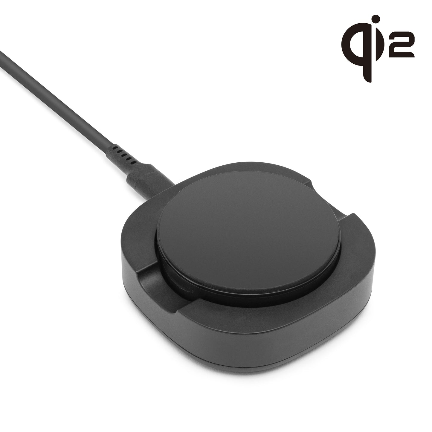 Sort trådløs opladningspad med kabel, rund pad på kvadratisk base, Qi2-logo, til iPhone 12-16.