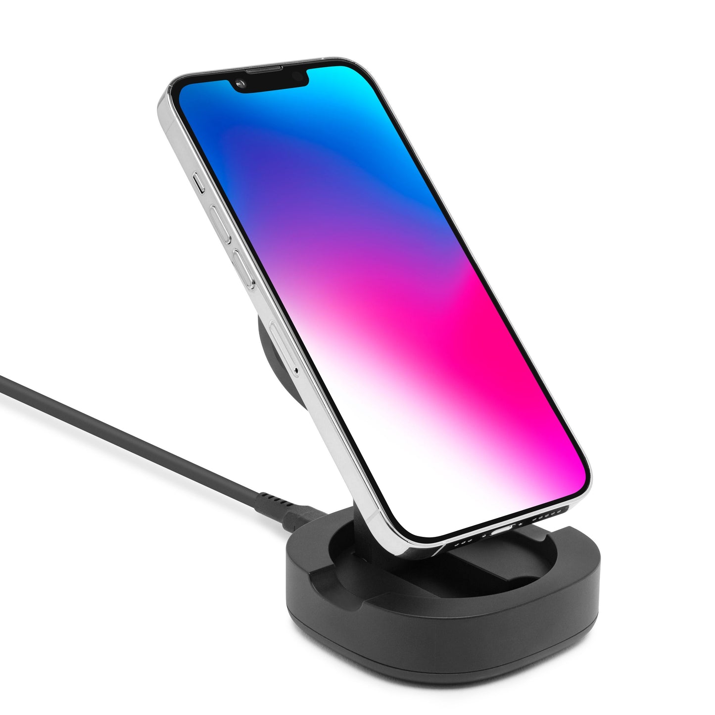 IPhone 12-16 med blå-lyserød gradient skærm på magnetisk mobilholder til trådløs opladning, tilsluttet kabel.