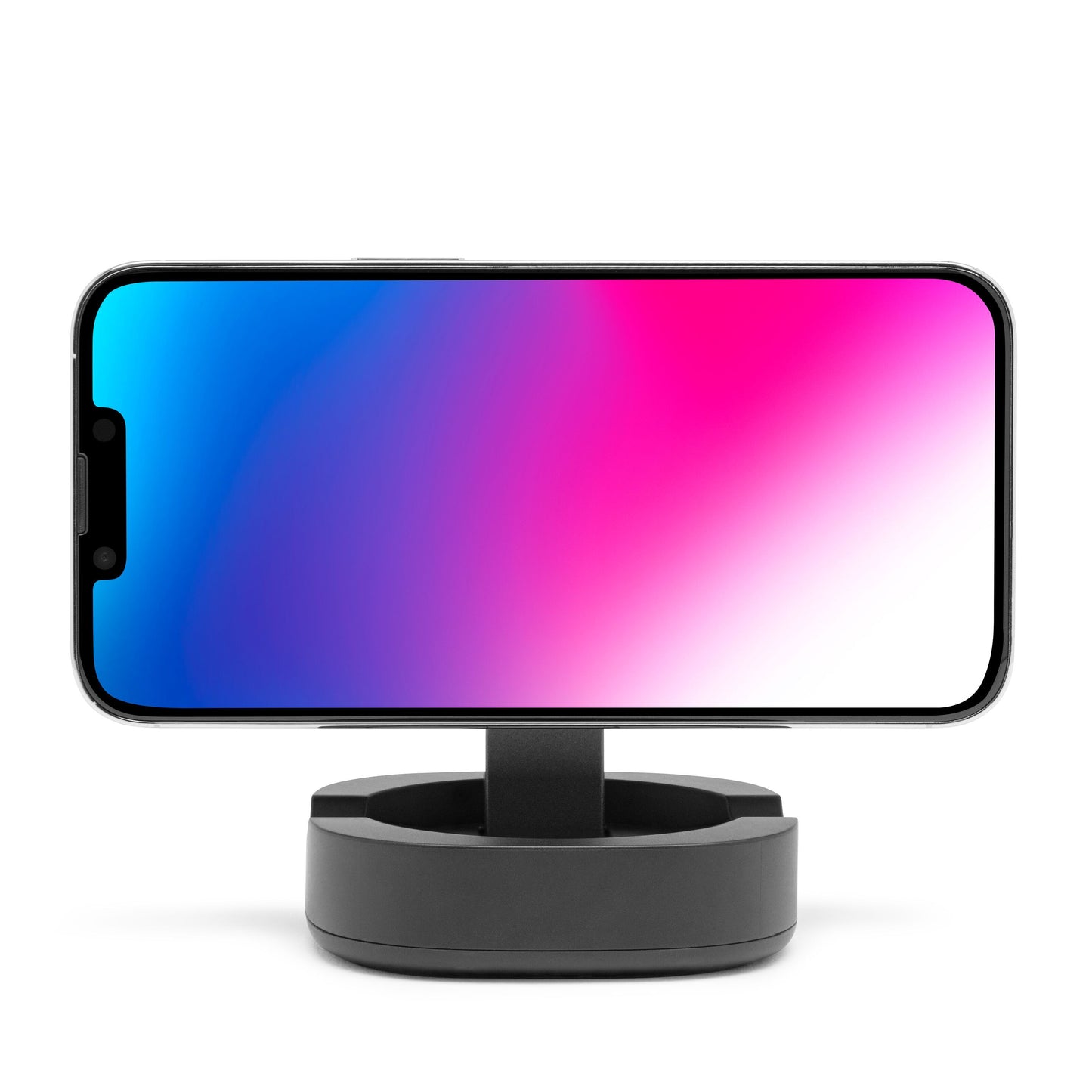 Smartphone med farverig gradient-skærm på sort Linocell Magnetisk mobilholder til trådløs opladning, vandret visning.
