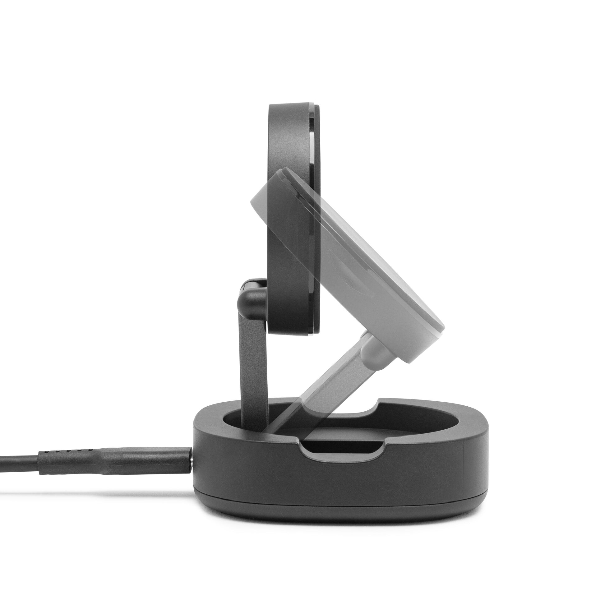 Magnetisk mobilholder til trådløs opladning, til vinklede positioner på rund fod med fastmonteret kabel, til iPhone 12-16.