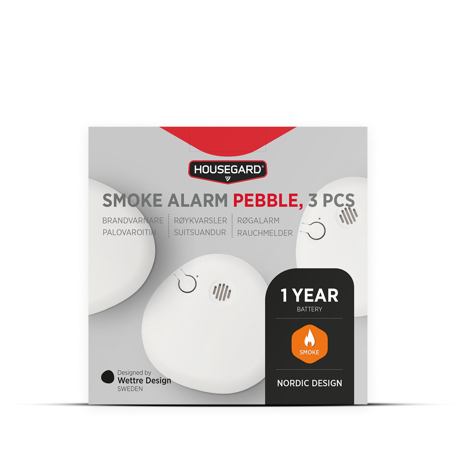 Housegard Pebble røgalarm 3-pakke, hvide, avanceret røgsensor, 1-års batteri, Housegard logo og navn på emballage.